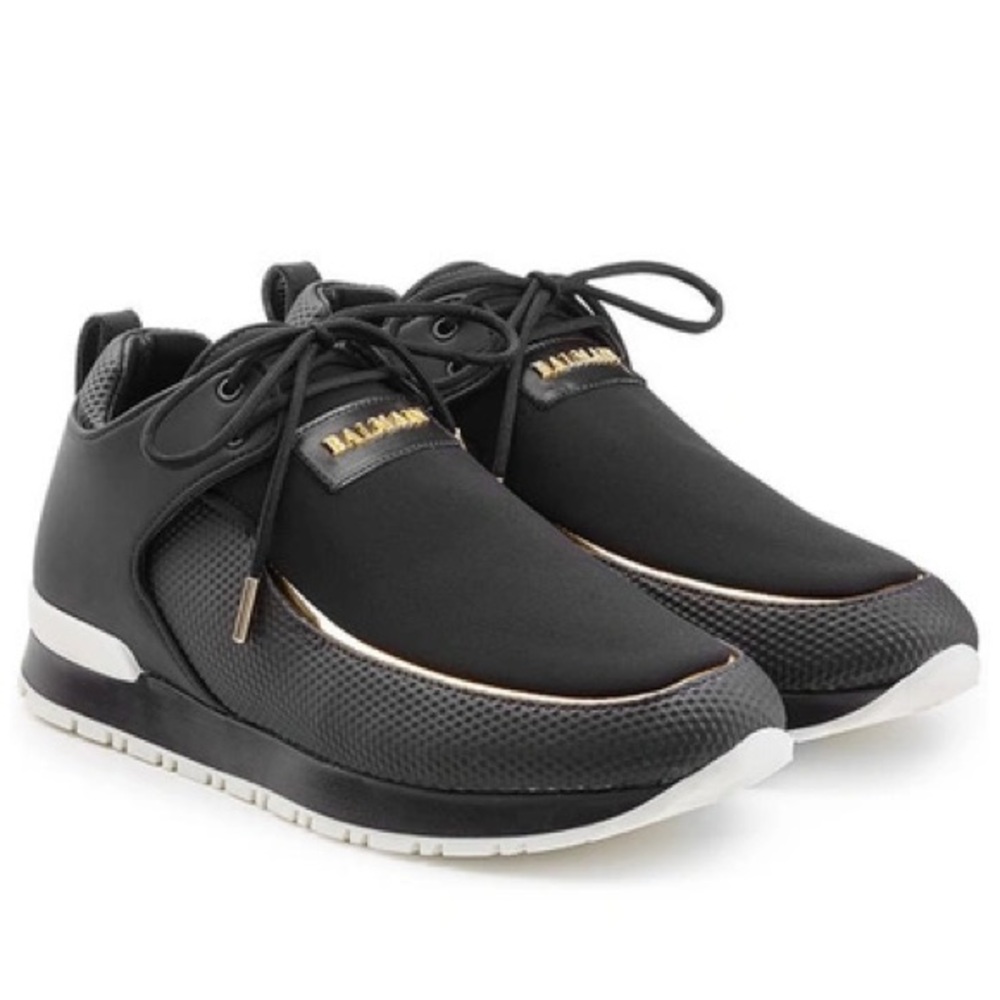 BALMAIN - DODA - LEATHER & NEOPRENE SNEAKERS, BLACK & GOLD (incl. Dustbag shown)